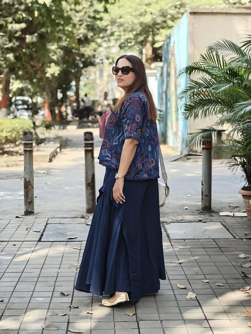 Blue Shirt with Drape Flared Pants